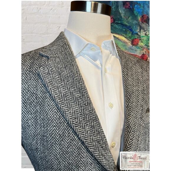 Vintage Harris Tweed 40S Black Handwoven Scottish Wool Unstructured Sport Coat - Picture 5 of 13